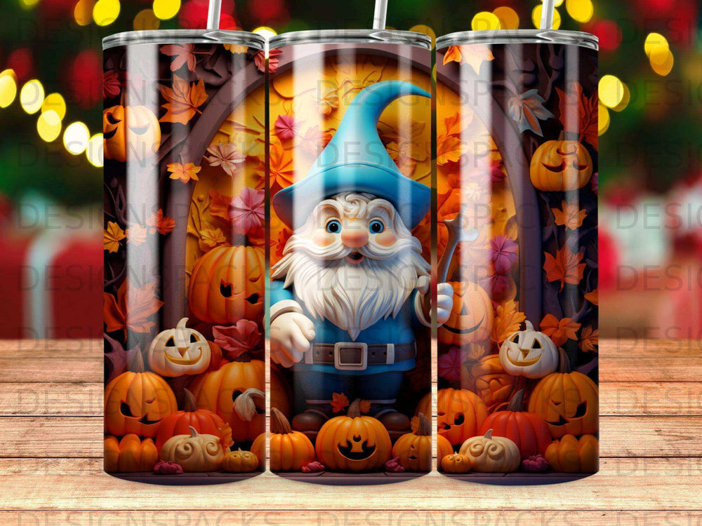 Gnome with pumpkins and autumn leaves on a tumbler.