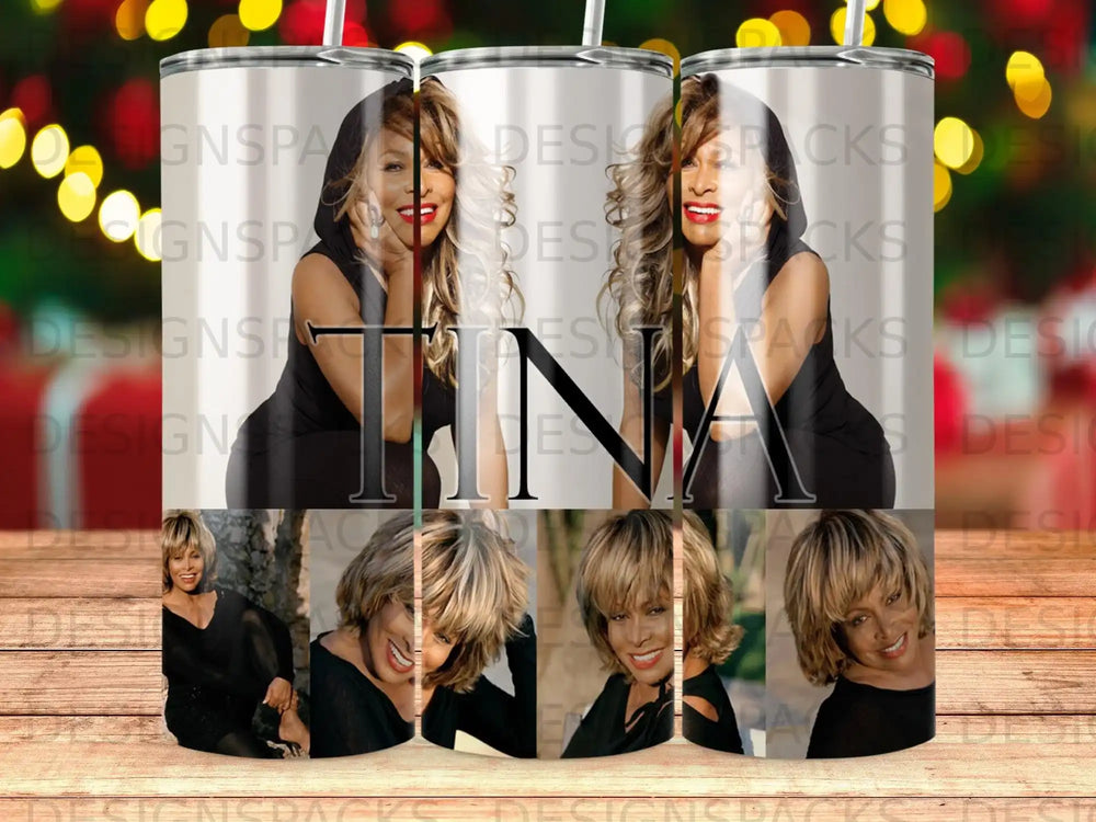 Tina Turner collage on a metallic tumbler.