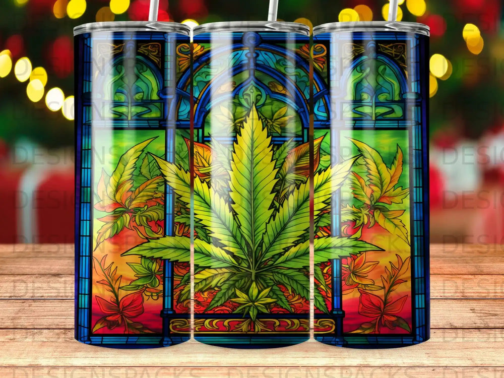 Stained glass design featuring a large cannabis leaf and floral elements.