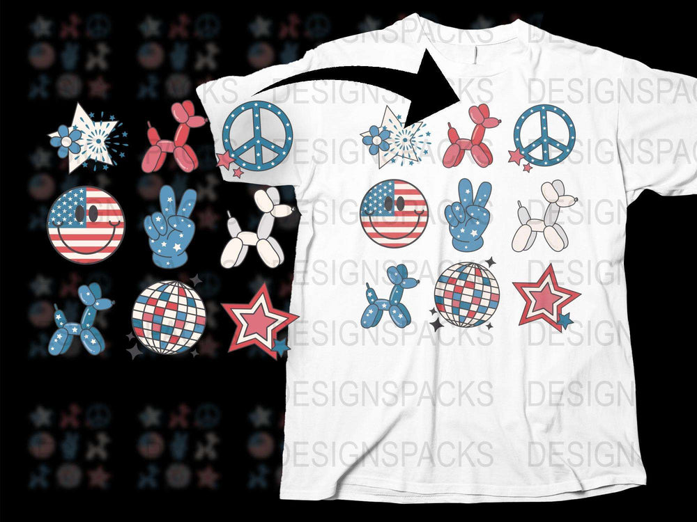 Patriotic T-Shirt USA Flag Peace Sign Floral Bunny Star Designs Stylish Summer Casual Wear
