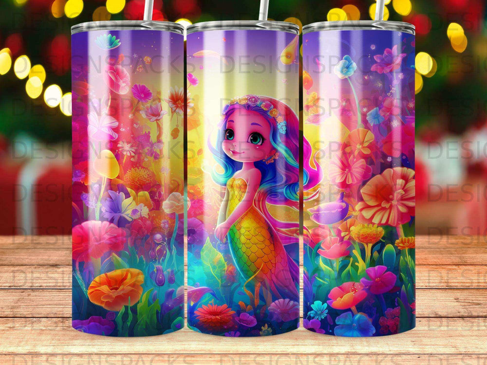 Mermaid with colorful hair and scales surrounded by vibrant flowers.