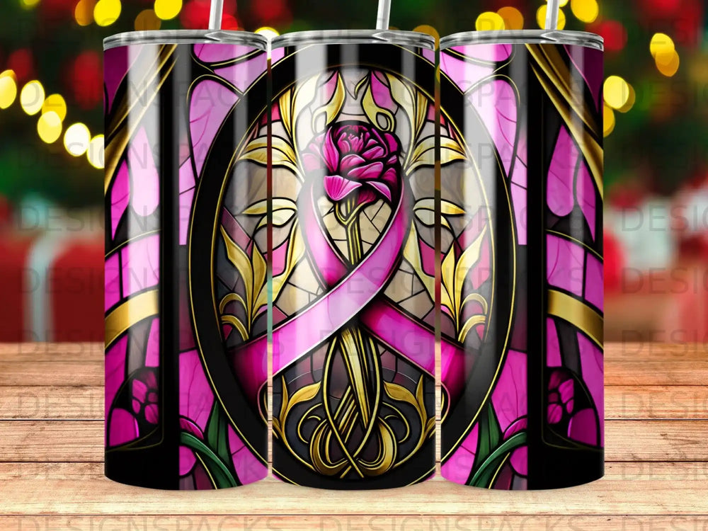 Stained glass design with pink ribbon and rose on a tumbler.
