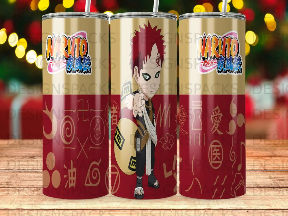 Naruto themed tumbler with character Gaara and Japanese script.