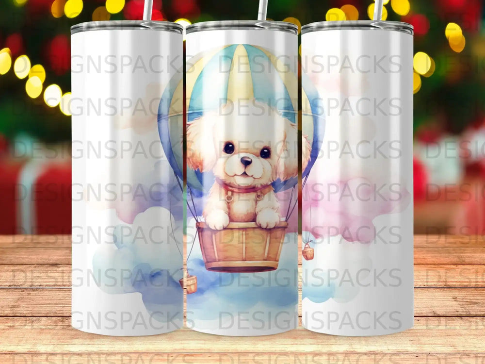 Puppy in hot air balloon with colorful clouds, "DESIGNS PACK" watermark.
