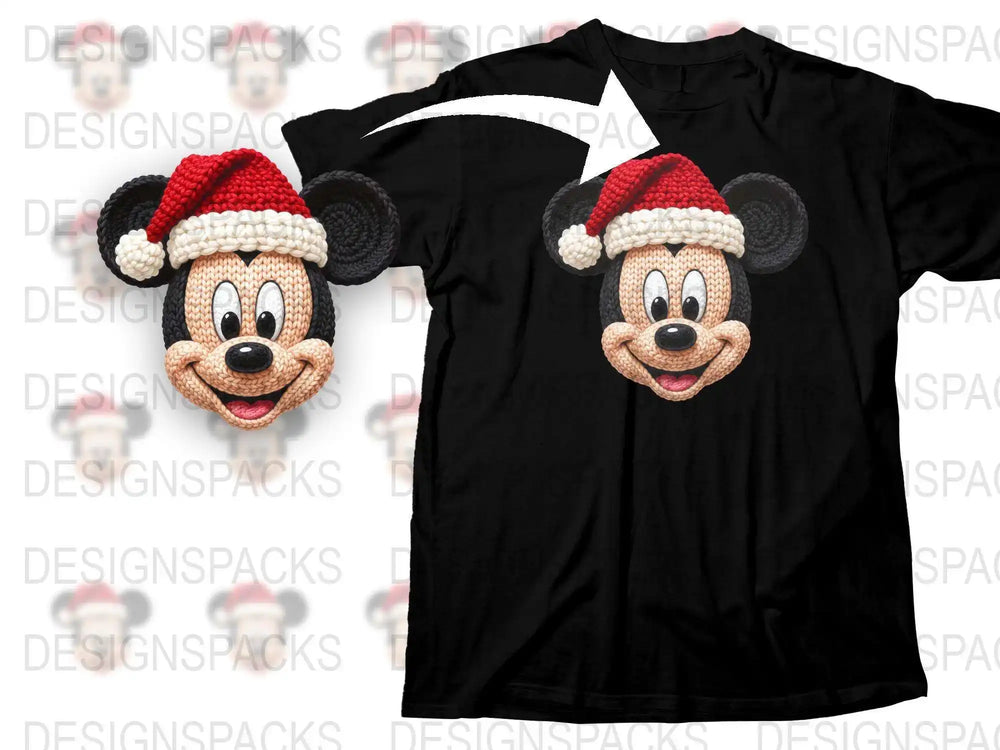 Disney Mickey Mouse Christmas T-Shirt, Santa Hat Holiday Tee, Black Graphic Shirt for Kids and Adults