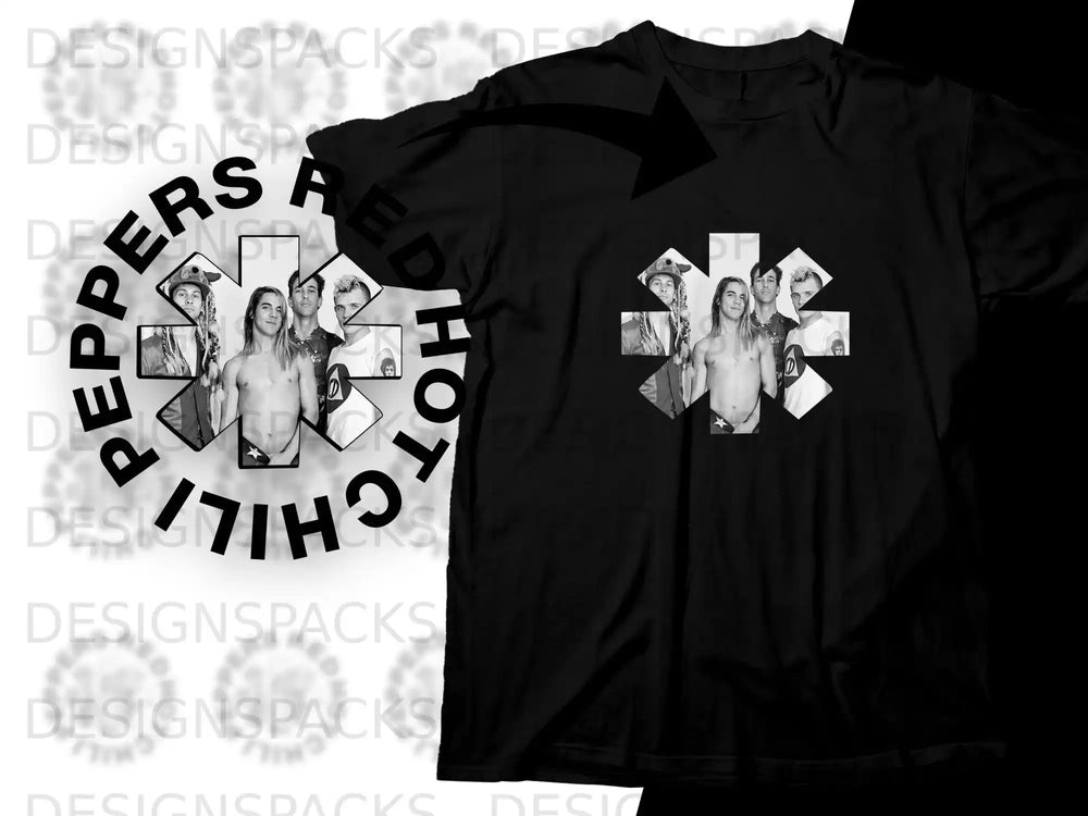 Black t-shirt with collage of band members in a star shape.