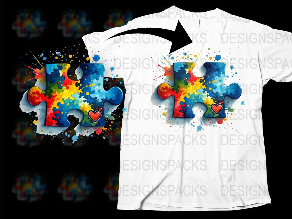 Colorful Puzzle Piece Graphic T-Shirt, Unisex Casual Wear, Artistic Heart Design, Vibrant Splash Pattern Tee