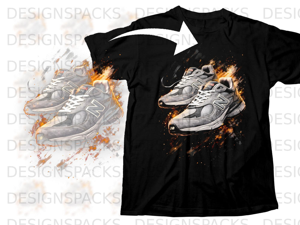 Black t-shirt with a graphic of two grey New Balance sneakers with fiery accents.