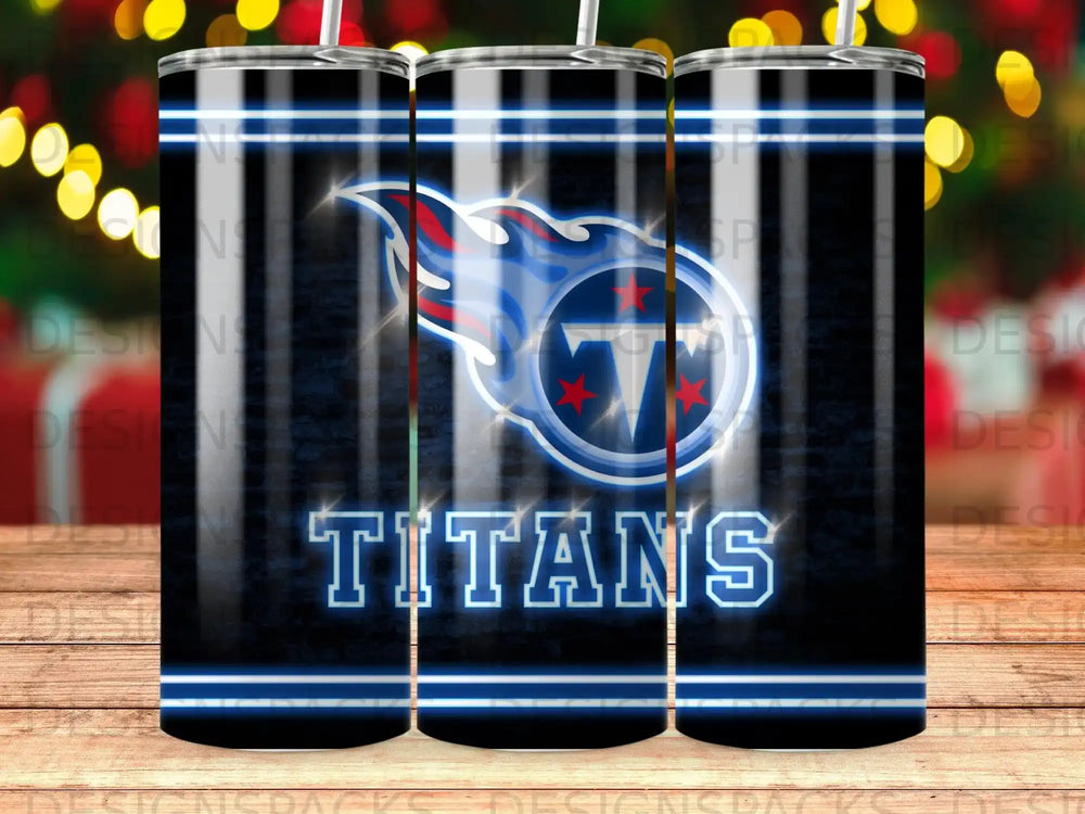 Tennessee Titans logo and wordmark on a blue and black striped tumbler.