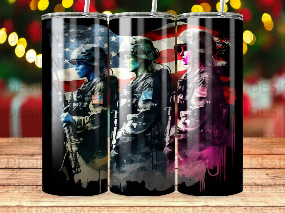 Three soldiers silhouetted against the American flag, in a patriotic watercolor style.