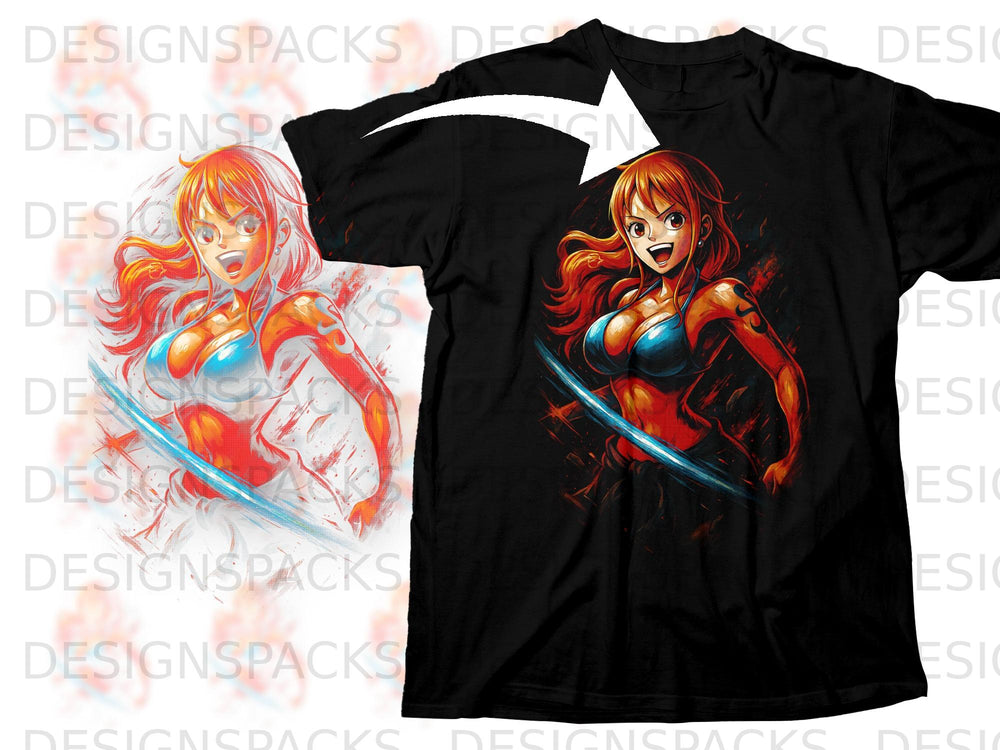 Anime style Nami with orange hair on a black t-shirt.