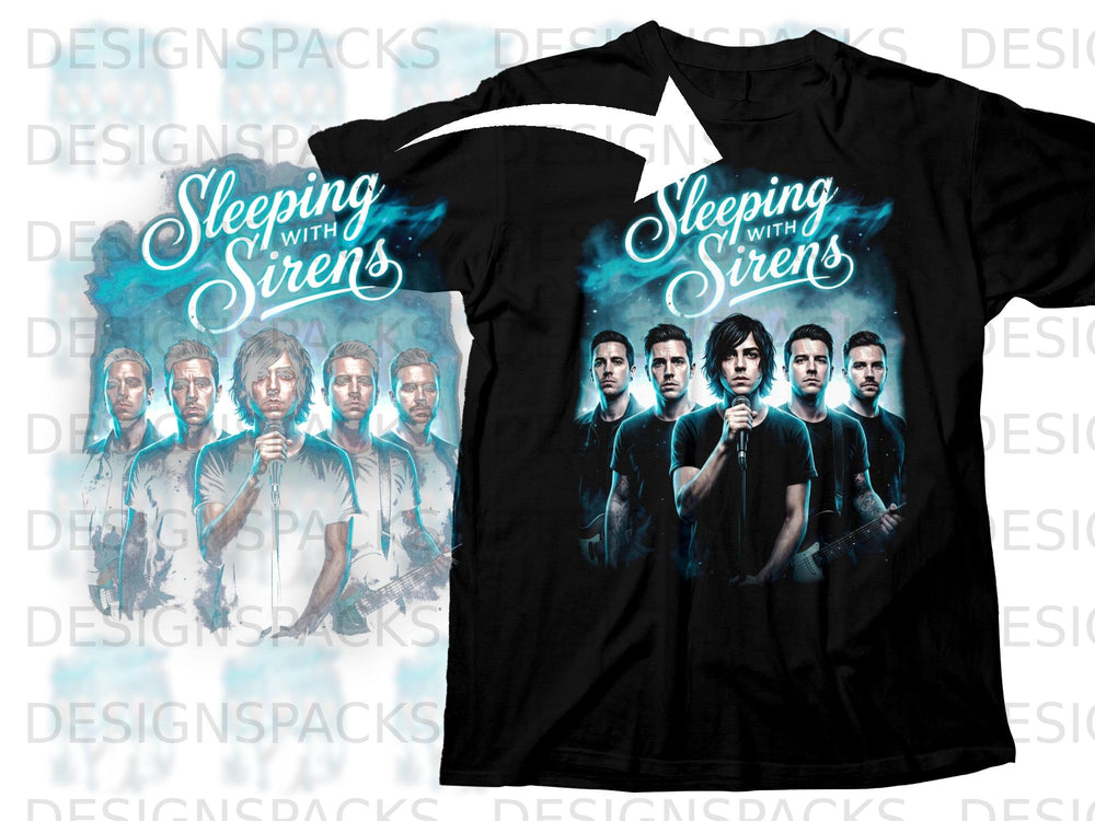 Black t-shirt with "Sleeping With Sirens" band graphic of five men and instruments.