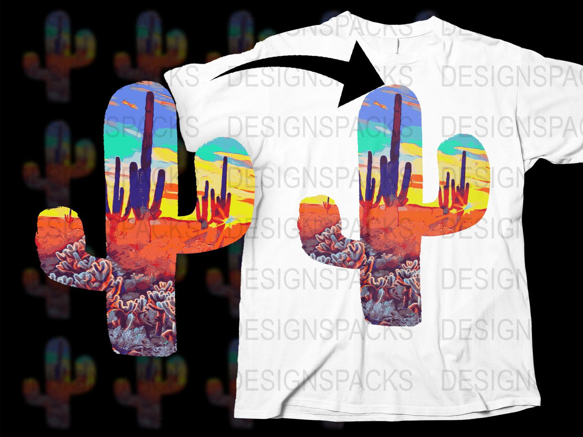 Colorful Desert Cactus Print T-Shirt, Vibrant Sunset Graphic Tee, Unisex Fashion Top, Casual Wear