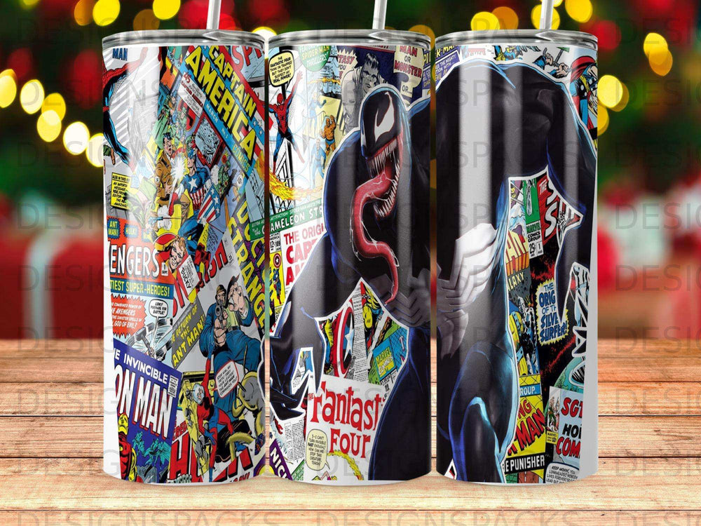 Marvel Comics characters including Venom, Spider-Man, Captain America, and Fantastic Four on a tumbler.