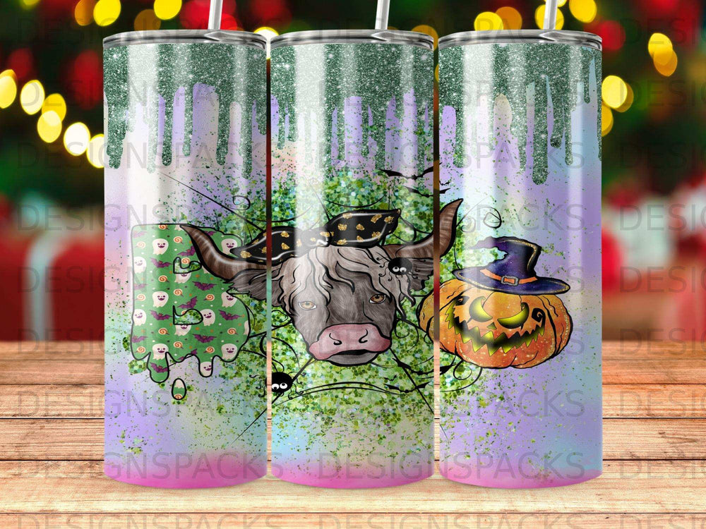 Cow with Halloween decorations, glitter, and pumpkin on a tumbler.