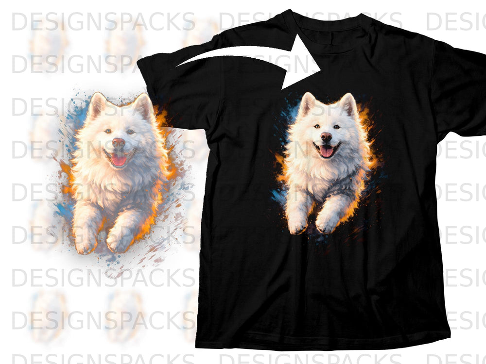 Black t-shirt with a joyful white dog design featuring a watercolor effect.