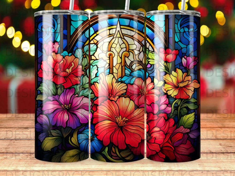 Stained glass window with vibrant floral design and subtle bokeh background.