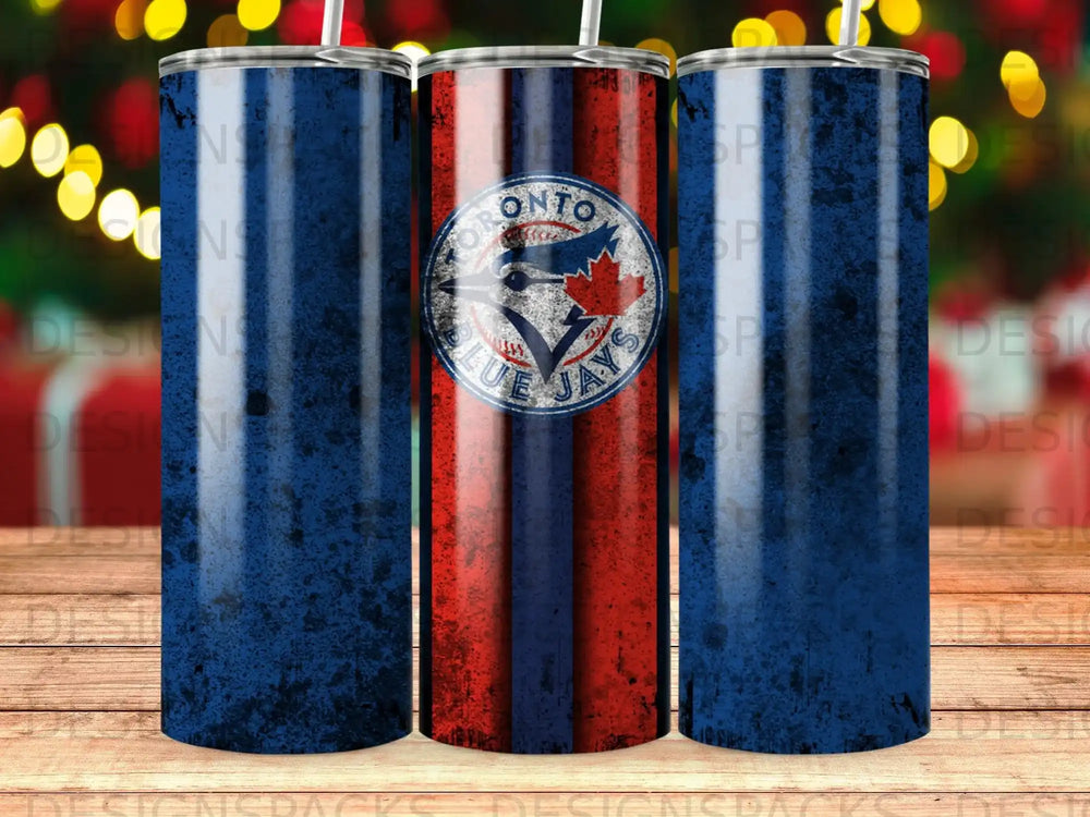 Toronto Blue Jays logo on textured blue and red striped tumbler.