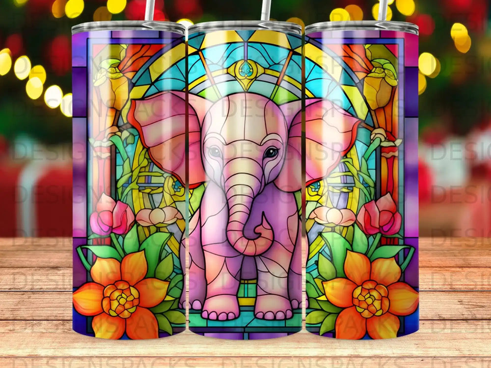 Pink elephant in stained glass with floral accents.