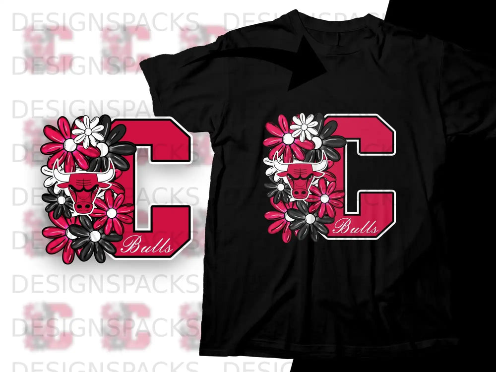 Chicago Bulls logo with floral accents on a black t-shirt.