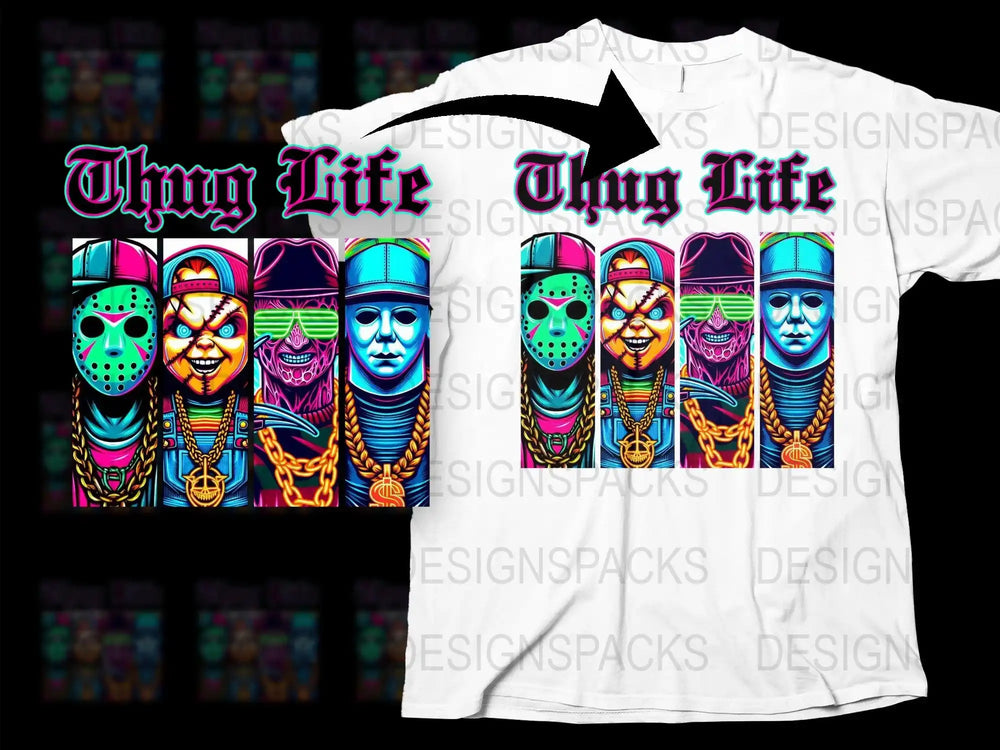 Thug Life Graphic T-Shirt, Colorful Skull Print, Urban Streetwear, Unisex Fashion Tee, Bold Hip Hop Clothing, Vibrant Art Shirt.
