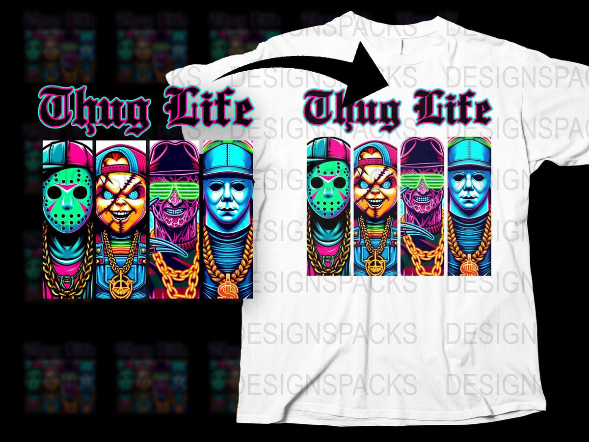 Thug Life Graphic T-Shirt, Colorful Skull Print, Urban Streetwear, Unisex Fashion Tee, Bold Hip Hop Clothing, Vibrant Art Shirt.