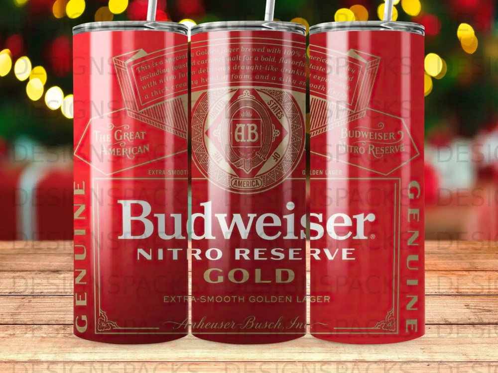 Budweiser Nitro Reserve can with golden label and text.