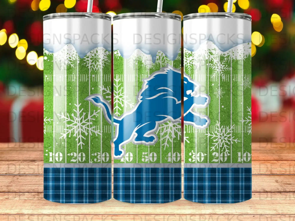 Detroit Lions logo on a football field with snowflakes and plaid pattern.