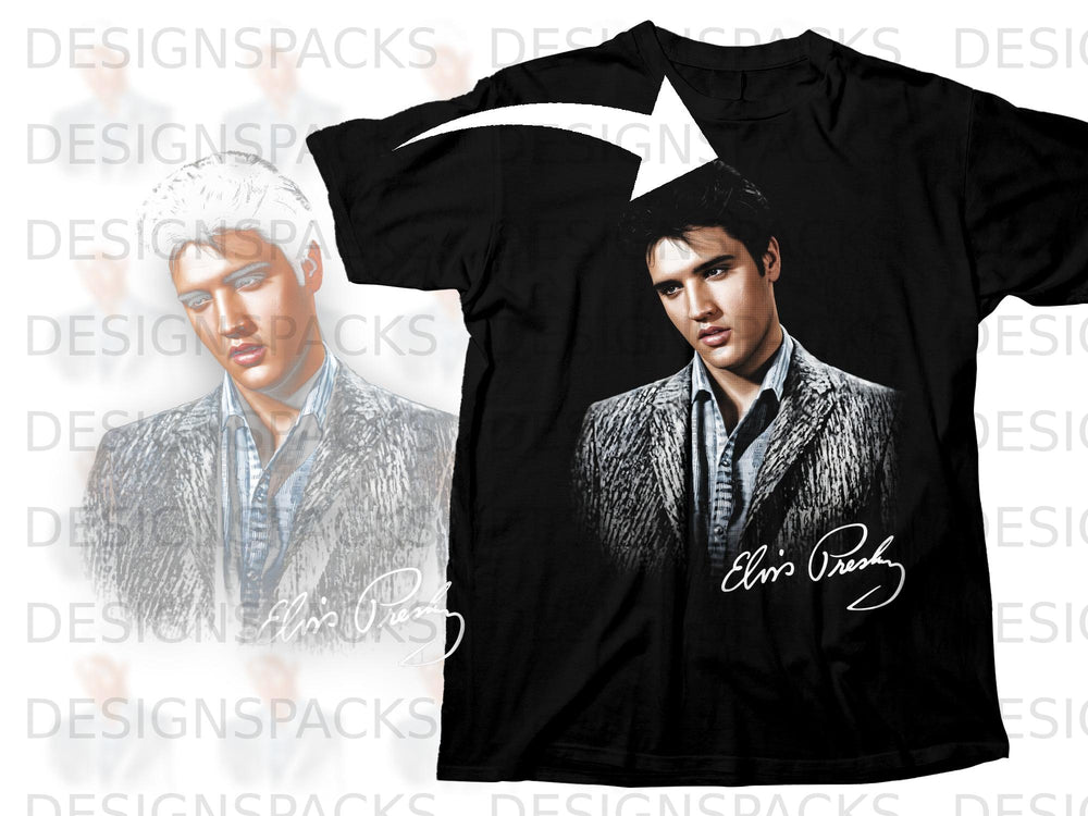 Black t-shirt with a portrait of Elvis Presley and his signature.