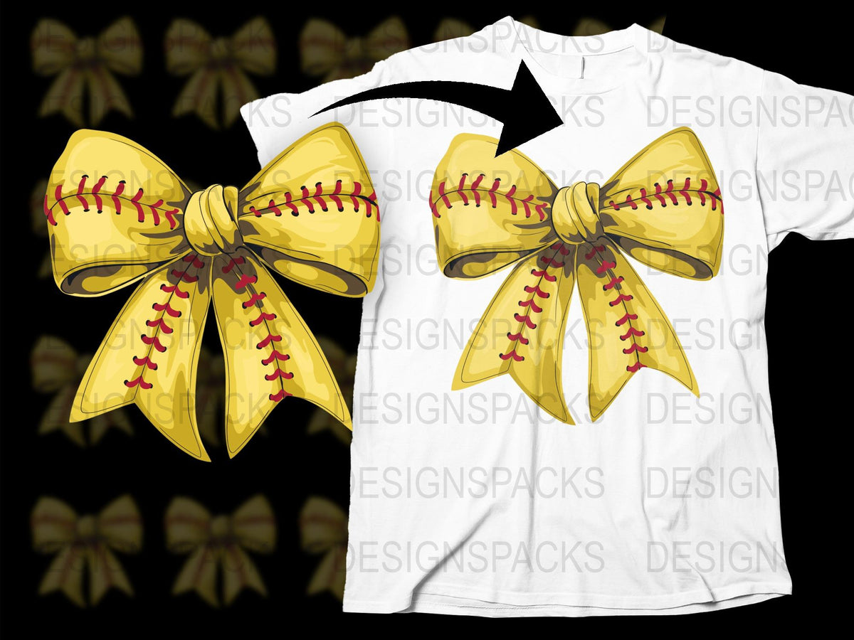 Softball Bow Design T-Shirt, Yellow Red Stitch Sports Fan Apparel, Casual Graphic Tee for Softball Lovers Unisex Gift