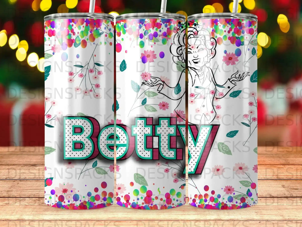 Betty tumbler with floral confetti design and cartoon portrait.