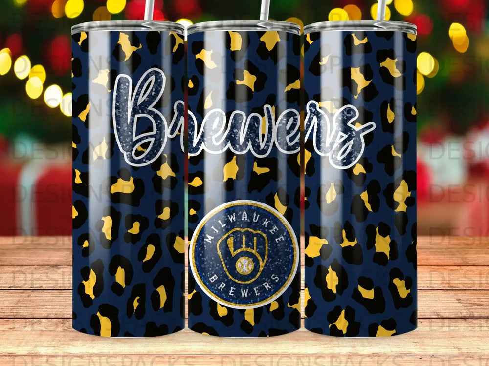 Milwaukee Brewers tumbler with navy and gold leopard print.