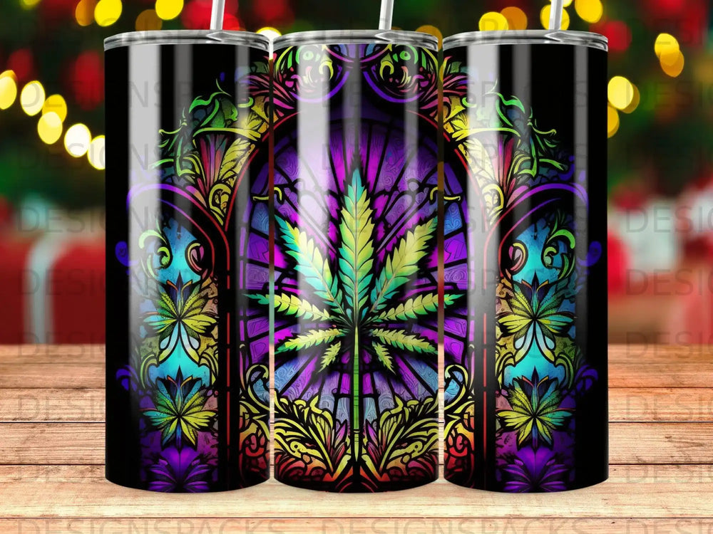 Cannabis leaf within a colorful, stained-glass inspired circle.