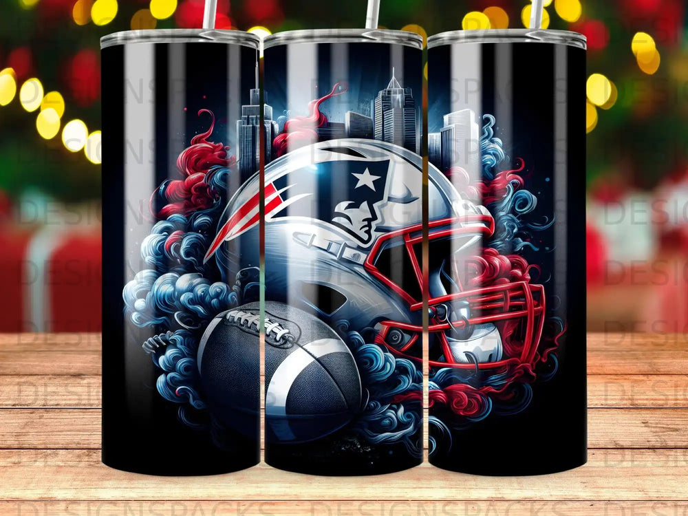 New England Patriots helmet, football, and city skyline graphic on a black tumbler.