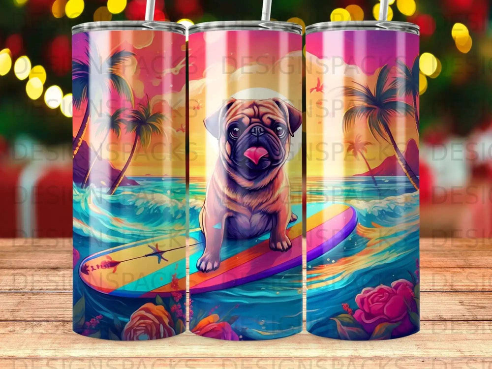 Pug on a surfboard with colorful sunset and palm trees.