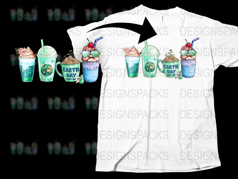 Earth Day T-Shirt with Printed Eco-Friendly Drinks and Cups Design, Unisex Adult Fashion, Sustainable Clothing Idea