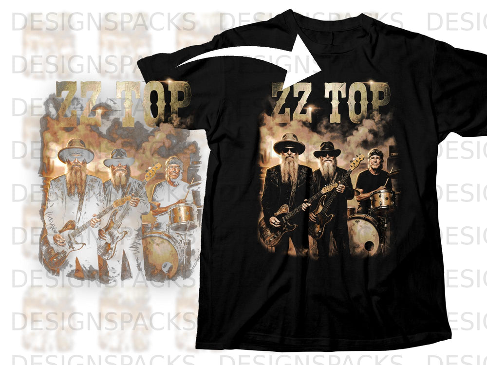 Black t-shirt featuring the band ZZ Top with guitars and drums.