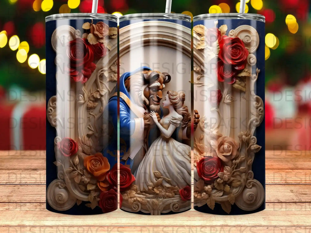 Beauty and the Beast embrace surrounded by roses within an ornate frame.