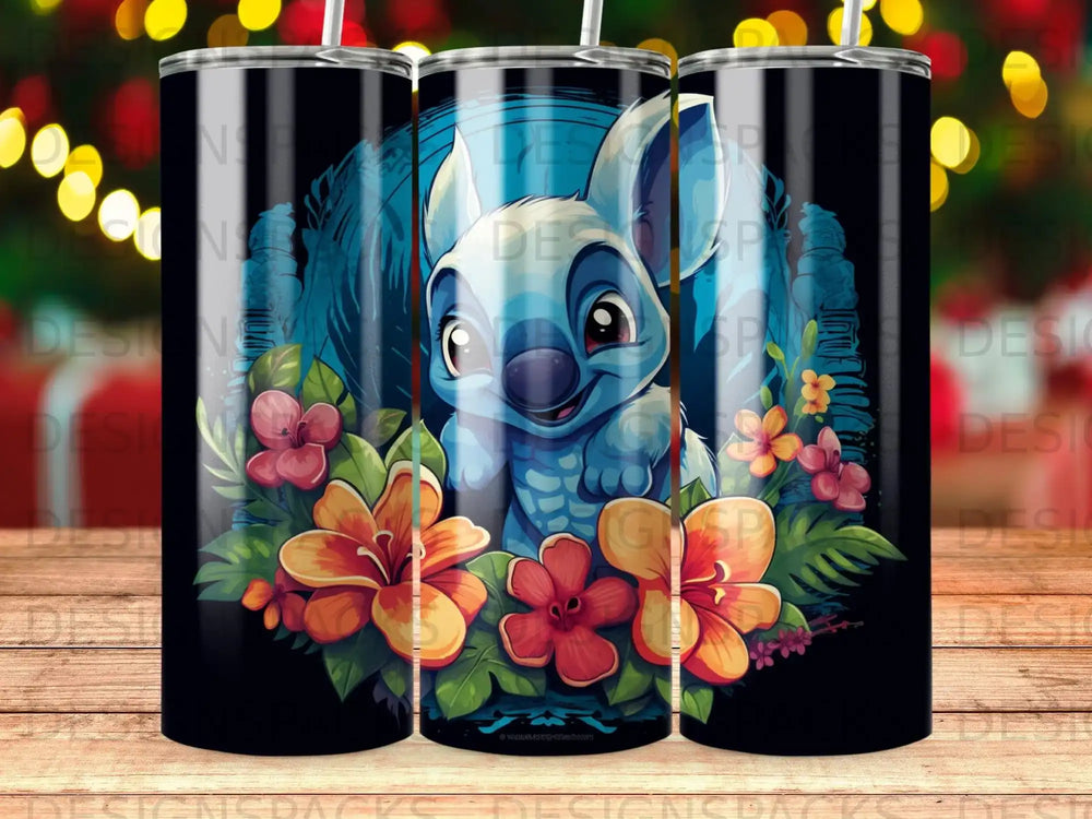Stitch character surrounded by colorful flowers and foliage on a black background.