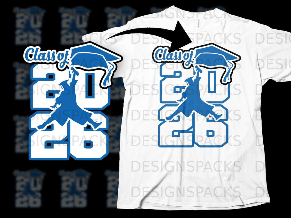 Blue "Class of 2026" text with graduation cap and figure on white t-shirt.