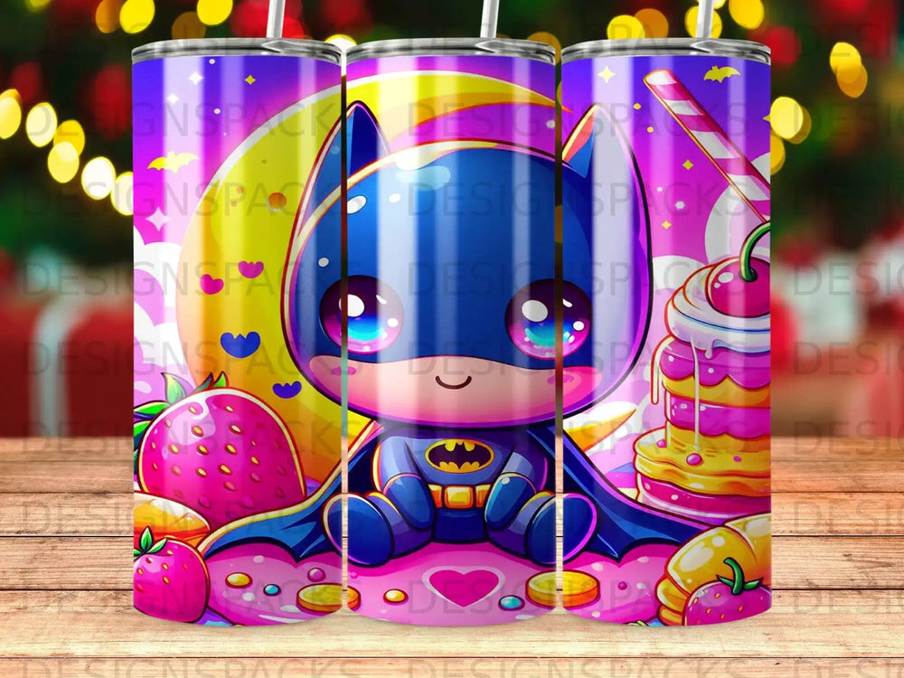 Cartoon Batman sitting on a donut surrounded by strawberries and sweets.