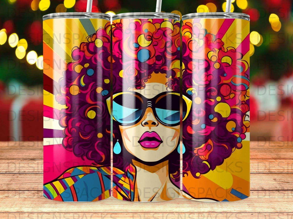 Colorful tumbler with illustration of a woman with large afro and sunglasses.