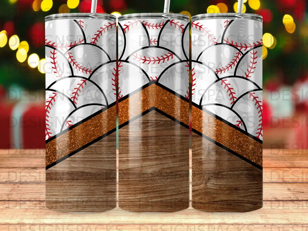 Tumbler with baseball stitching design and wood grain bottom.