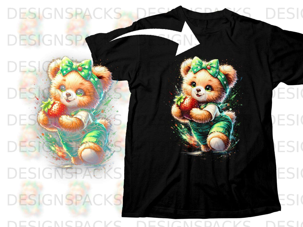 Black t-shirt with cartoon teddy bear holding a strawberry, wearing green overalls and bow.