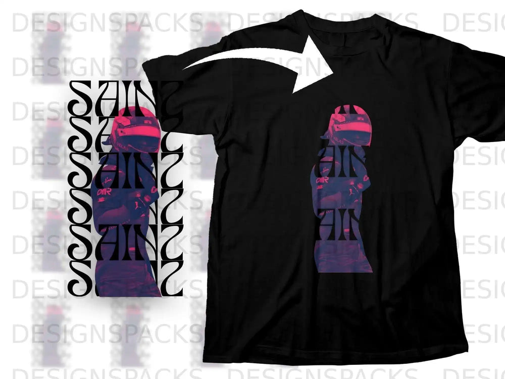 Black t-shirt with a graphic of Carlos Sainz in a racing helmet and suit.