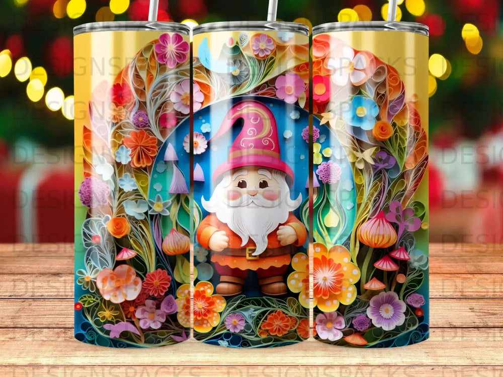 Gnome with colorful floral background on a cylindrical tumbler.