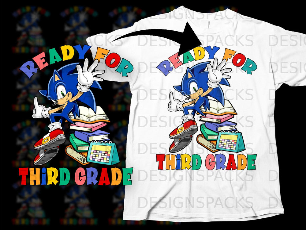 Sonic the Hedgehog is "Ready for Third Grade" with books and a calendar.