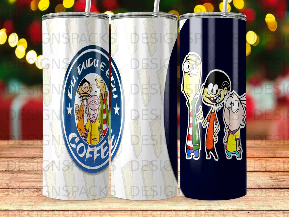 "Ed, Edd, and Eddy" characters on three tall, cylindrical tumblers.