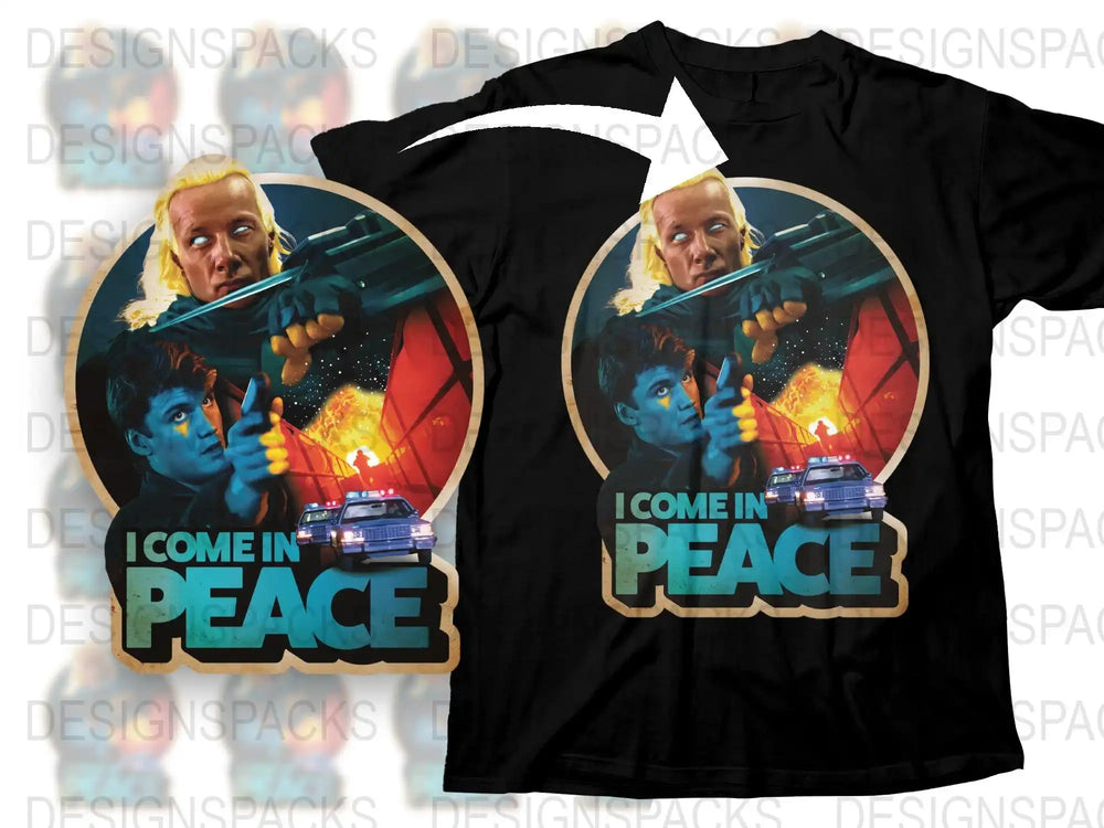 Retro Alien Movie T-Shirt, 'I Come in Peace' Graphic Tee, Sci-Fi Film Fan Apparel, Vintage Style Unisex Black Shirt