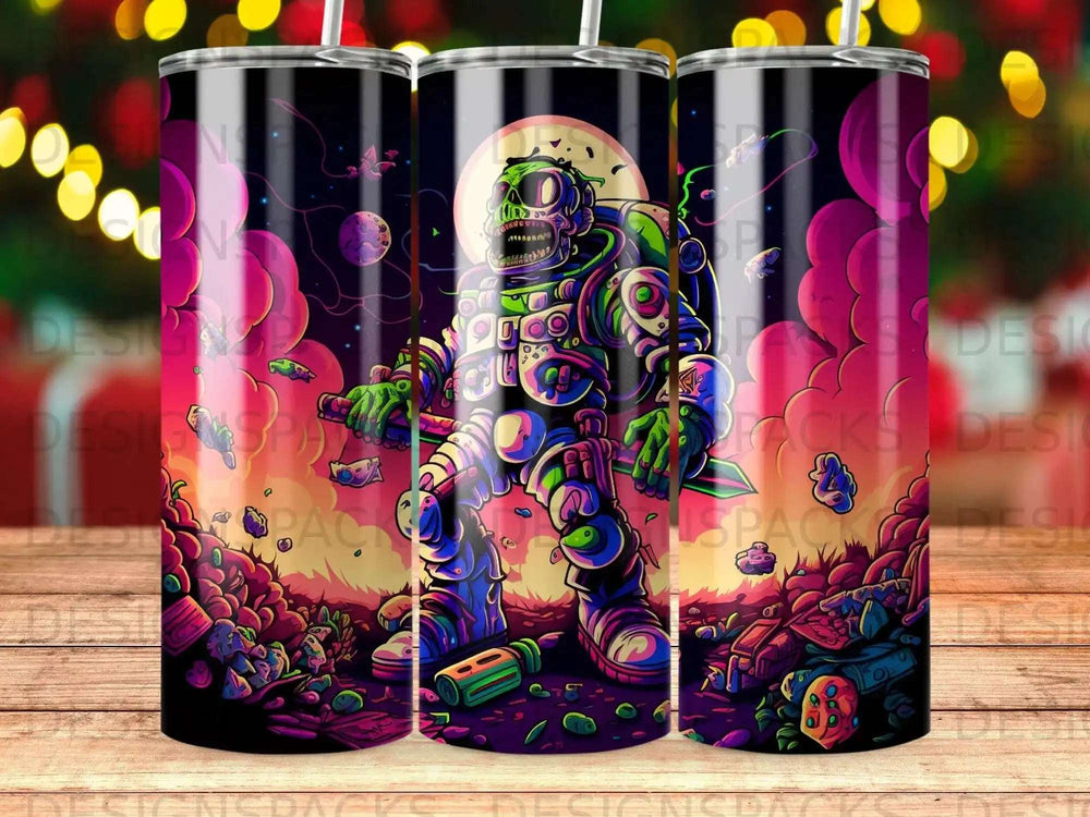 Sci-fi robot soldier with glowing eyes on alien planet with colorful flora.